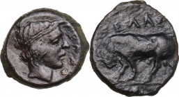 Sicily. Gela. AE Onkia, c. 420-405 BC. Obv. Bull advancing left. Rev. Head of Gelas right. HGC 2 382. AE. 1.20 g. 11.00 mm. VF.
