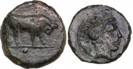 Sicily. Gela. AE 11 mm. c. 420-405 BC. Obv. Bull, right. Rev. Head of river-god Gelas, right. HGC 2 383. AE. 1.40 g. 11.00 mm. About VF/VF.