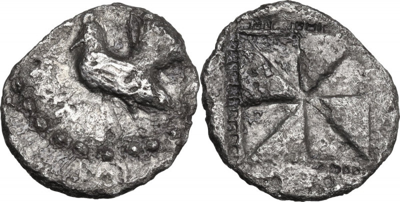 Sicily. Himera. AR Drachm, c. 530-520 BC. Obv. Cock standing left. Rev. Incuse s...