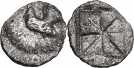 Sicily. Himera. AR Drachm, c. 530-520 BC. Obv. Cock standing left. Rev. Incuse square with mill-sail pattern in segmented square. HGC 2 421. AR. 4.40 ...