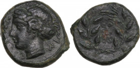 Sicily. Himera. AE Hemilitron. c. 420-407 BC. Obv. Head of nymph, left. Rev. Six pellets arranged in two rows within wreath. HGC 2 479. AE. 4.40 g. 16...