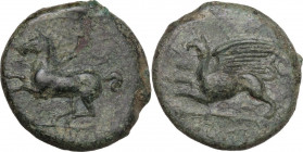 Sicily. Kainon. AE 23 mm, c. 360-340 BC. Obv. Griffin springing left. Rev. Horse prancing left, trailing rein. HGC 2 509; CNS I 1. AE. 9.20 g. 29.50 m...