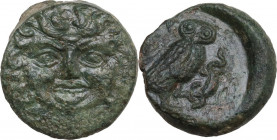 Sicily. Kamarina. AE Tetras, c. 420-410 BC. Obv. Gorgoneion facing. Owl grasping lizard right. HGC 2 546. AE. 3.10 g. 14.00 mm. Nice deep green patina...