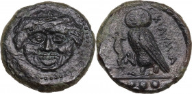 Sicily. Kamarina. AE Tetras, c. 420-405 BC. Obv. Gorgoneion facing. Rev. Owl standing, right. HGC 2 547. AE. 3.20 g. 15.00 mm. VF.