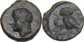 Sicily. Kamarina. AE Tetras, c. 410-405 BC. Obv. Athena head, right. Rev. Owl. HGC 2 548; CNS III 33; SNG ANS 1228/9. AE. 3.10 g. 14.00 mm. VF.