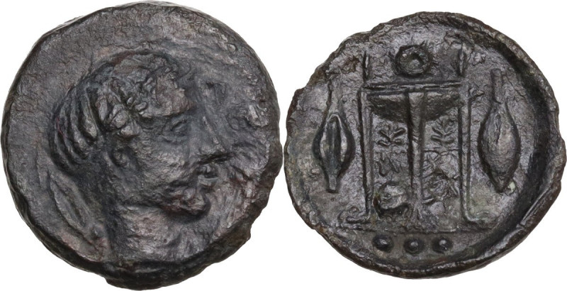 Sicily. Leontini. AE Tetras 14,50 mm. c. 405-402 BC. Obv. Head of Apollo, right....