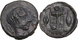 Sicily. Leontini. AE Tetras 14,50 mm. c. 405-402 BC. Obv. Head of Apollo, right. Rev. Tripod. HGC 2 708; SNG Cop. 360. AE. 1.70 g. 14.50 mm. Minor tra...
