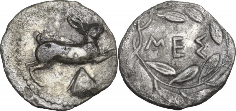 Sicily. Messana. AR Litra, c. 425-421 BC. Obv. Hare springing right; scallop she...