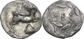 Sicily. Messana. AR Litra, c. 425-421 BC. Obv. Hare springing right; scallop shell below. Rev. MEΣ within laurel wreath. HGC 2 817. 0.80 g. 13.00 mm. ...