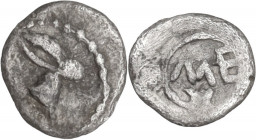 Sicily. Messana. AR Dionkion. c. 480-460 BC. Obv. Head of hare right. Rev. ME in linear border. HGC 2 825. AR. 0.10 g. 7.00 mm. RR. Rare. VF.