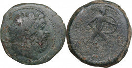 Sicily. Messana. The Mamertinoi. AE Pentonkion, 220-200 BC. Obv. Laureate head of Zeus right. Rev. Helmeted warrior advancing right, holding spear and...