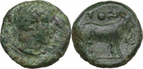 Sicily. Nakona. AE Onkia, late 5th century BC. Obv. Head of nymph right. Rev. Goat standing right; ivy leaf to left. HGC 2 957. AE. 1.10 g. 10.50 mm. ...
