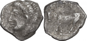 Sicily. Panormos. AR Litra, c. 400-380 BC. Obv. Youthful male head left. Rev. Man-headed bull standing left. HGC 2 1047; SNG ANS 551. AR. 0.60 g. 10.0...