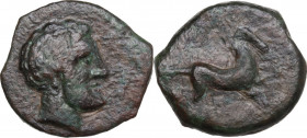 Sicily. Solous. AE 14 mm, late 4th-early 3rd century BC. Obv. Bearded head right. Rev. Horse galloping right.Bearded man-faced bull. HGC 2 1259; CNS I...