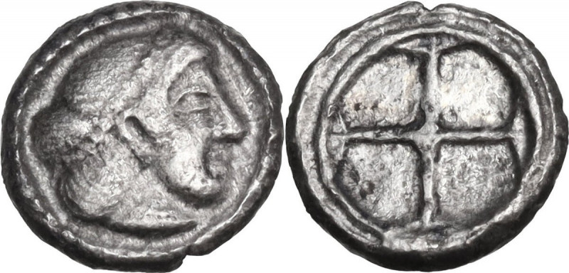 Sicily. Syracuse. AR Obol, c. 475-470 BC. Obv. Head of Arethousa right. Rev. Fou...
