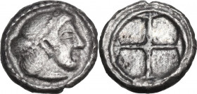 Sicily. Syracuse. AR Obol, c. 475-470 BC. Obv. Head of Arethousa right. Rev. Four-spoked wheel. HGC 2 1371. AR. 0.80 g. 9.00 mm. About EF.