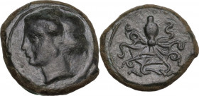 Sicily. Syracuse. Second Democracy (466-405 BC). AE Tetras, c. 435-415 BC. Obv. Head of Arethusa left. Rev. Octopus. HGC 2 1430. AE. 2.50 g. 14.50 mm....