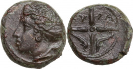 Sicily. Syracuse. Second Democracy (466-405 BC). AE 15 mm, c. 415-405 BC. Obv. Head of Arethousa left. Rev. Four spoked wheel. HGC 2 1479. AE. 4.60 g....