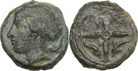 Sicily. Syracuse. Second Democracy (466-405 BC). AE 15 mm, c. 415-405 BC. Obv. Head of Arethousa left; behind, dolphin. Rev. Four spoked wheel. HGC 2 ...