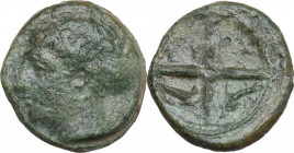 Sicily. Syracuse. AE 16 mm, c. 415-405 BC. Obv. Head of Arethousa left. Rev. Four spoked wheel. HGC 2 1479. AE. 3.60 g. 16.00 mm. Light green patina. ...