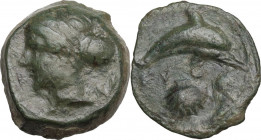 Sicily. Syracuse. Dionysos I (406-367 BC). AE 17 mm. c. 415-405 BC. Obv. Head of Arethusa left, wearing necklace, hair bound in ampyx and sphendone; o...