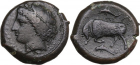 Sicily. Syracuse. Agathokles (c. 317-310 BC). AE 22 mm. c. 317-310 BC. Obv. Head of Kore left, wearing wreath of grain; behind, symbol. Rev. Bull butt...
