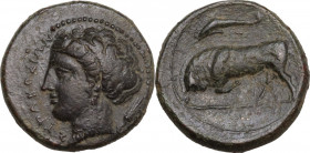 Sicily. Syracuse. Agathokles (317-289 BC). AE 15 mm. c. 317-310 BC. Obv. Head of Persephone left. Rev. Bull charging left; above, dolphin. CNS II 101;...