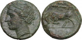 Sicily. Syracuse. Hieron II (274-215 BC). AE 19 mm, c. 275-269/265 BC. Obv. Head of Persephone left. Rev. Bull butting left; above, club. HGC 2 1469. ...