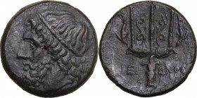 Sicily. Syracuse. Hieron II (274-215 BC). AE 22 mm. c. 240-215 BC. Obv. Diademed head of Poseidon left. Rev. Ornamented trident head; flanked by dolph...