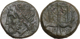 Sicily. Syracuse. Hieron II (274-215 BC). AE 18.5 mm. c. 240-215 BC. Obv. Diademed head of Poseidon left. Rev. Ornamented trident head flanked by two ...