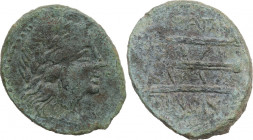 Sicily. Tauromenion. Roman Rule. AE 19 mm, after 216-202 BC. Obv. Head of Apollo right, laureate. Rev. Tripod. CNS III 27. AE. 6.40 g. 23.00 mm. Dark ...