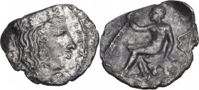 Sicily. Thermai Himerenses. AR Litra, c. 350 BC. Obv. Head of Hera right, wearing polos. Rev. Heracles seated left on rock. HGC 2 1614. AR. 0.60 g. 13...