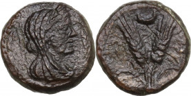 Sicily. Uncertain mint. Under Roman Rule. AE 11 mm., c. 204-190 BC. Obv. Female veiled bust right. Rev. Two stalks of grain; above, crescent. HGC 2 -;...