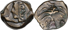 Punic Sardinia. AE 16.5 mm., c. 350/40-320/300 BC. Obv. Palm. Rev. Horse 's head. Lulliri pl. 1, 1; SNG Cop. 102/6. AE. 4.29 g. 16.50 mm. Overstruck o...