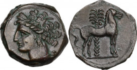 Punic Sardinia. AE 16.5 mm. c. 360-330 BC, uncertain mint. Obv. Wreathed head of Kore left. Rev. Horse standing right; in background, palm tree. Lulli...