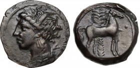 Punic Sardinia. AE 16 mm. c. 360-330 BC, uncertain mint. Obv. Wreathed head of Kore left. Rev. Horse standing right; in background, palm tree; pellet ...