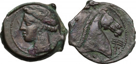 Punic Sardinia. AE 21 mm. c. 300-264 BC. Uncertain mint. Obv. Wreathed head of Kore left. Rev. Horse's head right; below, pellet; before, palm tree. L...