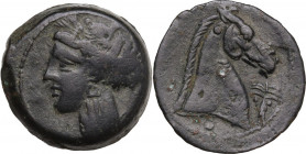 Punic Sardinia. AE 19.5 mm. c. 300-264 BC. Uncertain mint. Obv. Wreathed head of Kore left. Rev. Horse's head right; below, pellet; on head , pellet; ...