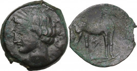 Punic Sardinia. AE 24 mm, c. 264-238 BC. Obv. Wreathed head of Kore left; before, reversed Punic letter Pe. Rev. Horse standing right; below, Punic le...