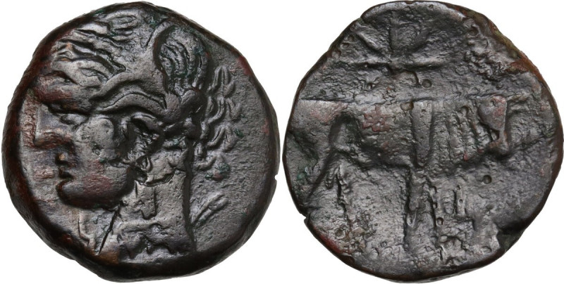 Punic Sardinia. AE 18 mm. c. 241-238/215 BC. Obv. Wreathed head of Kore left. Re...