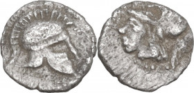Continental Greece. Macedon. Derrones (?). AR Hemiobol, 5th century BC. Obv. Head of Athena. Rev. Helmet. cf. Naumann auction 39, lot 21. AR. 0.17 g. ...