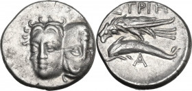 Continental Greece. Moesia, Istros. AR Drachm, c. 256/5-240 BC. Obv. Facing male heads. Rev. Sea-eagle left, grasping dolphin with talons; A below. AM...
