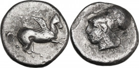 Continental Greece. Akarnania, Anactorium. ?. AR Stater, c. 380-350 BC. Obv. Pegasos flying right. Rev. Helmeted head of Athena left; behind, thunderb...