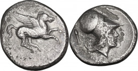 Continental Greece. Akarnania, Astacus. AR Stater, c. 345 BC. Obv. Pegasos flying right. Rev. Helmeted head of Athena right; behind, astacus. Pegasi 1...