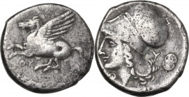 Continental Greece. Akarnania, Thyrrheion. AR Stater, c. 320-280 BC. Obv. Pegasos flying left. Rev. Helmeted head of Athena left; behind, Boeotian shi...