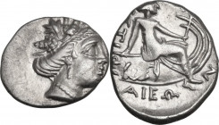 Continental Greece. Euboia, Histiaia. AR Tetrobol, 3rd-2nd centuries BC. Obv. Wreathed head of nymph Histiaia right. Rev. Nymph seated right on stern ...