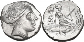 Continental Greece. Euboia, Histiaia. AR Tetrobol, 3rd-2nd centuries BC. Obv. Wreathed head of nymph Histiaia right. Rev. Nymph seated right on stern ...