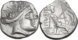 Continental Greece. Euboia, Histiaia. AR Tetrobol, 3rd-2nd centuries BC. Obv. Wreathed head of nymph Histiaia right. Rev. Nymph seated right on stern ...