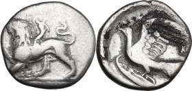 Continental Greece. Sikyonia, Sikyon. AR Hemidrachm, 4th century BC. Obv. Chimaera standing left. Rev. Dove flying left. SNG Cop. 50. AR. 2.61 g. 16.0...