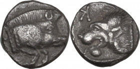 Greek Asia. Mysia, Kyzikos. AR Hemiobol, c. 480 BC. Obv. Forepart of boar right. Rev. Forepart of lion left. Von Fritze, Nomisma X, Gruppe II, 15. AR....